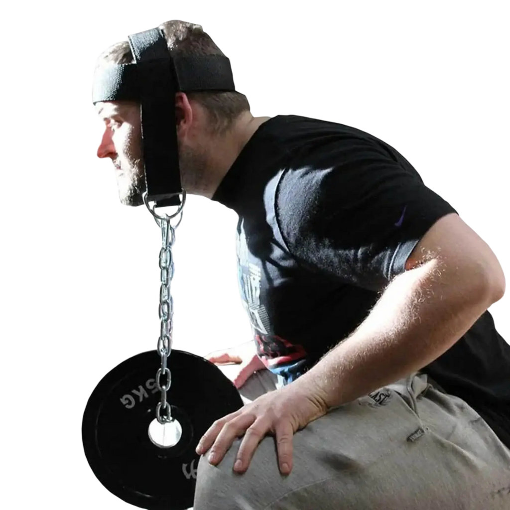 Black weightlifting head harness with silver chain and attached black plate designed for neck training and muscle building