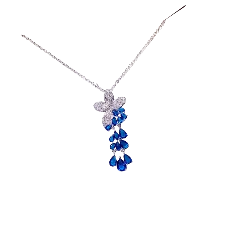 Delicate silver necklace pendant with butterfly design featuring created sapphire and clear stones fine jewelry
