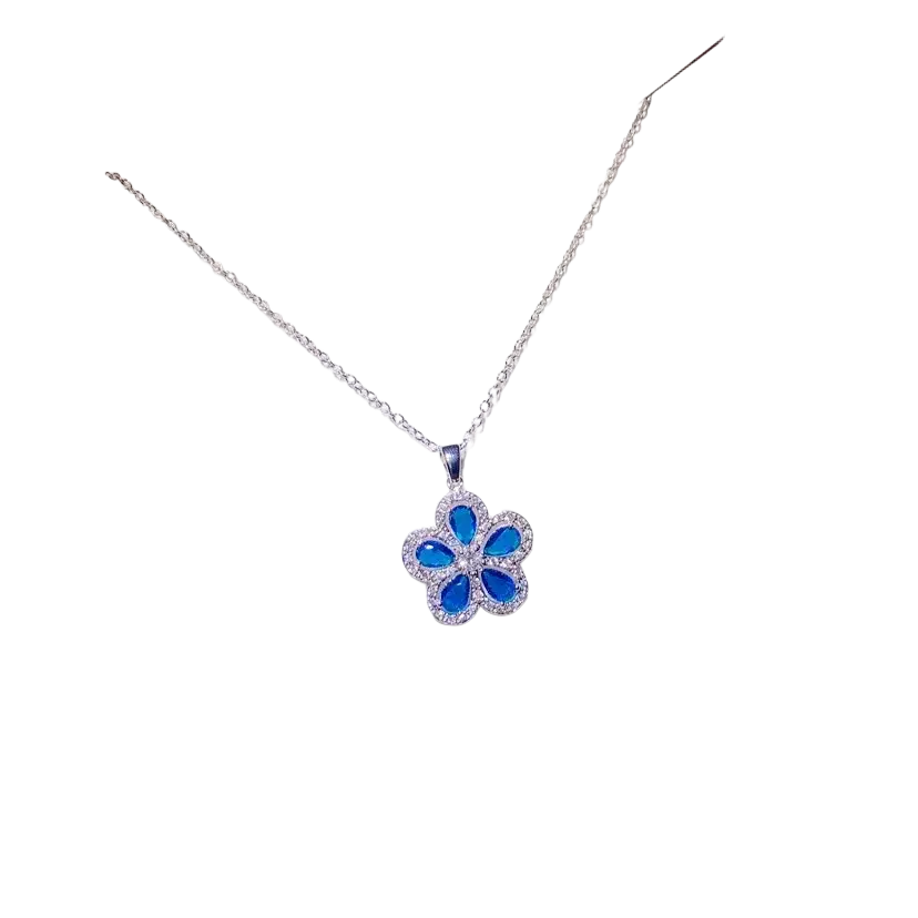 Delicate silver chain necklace pendant with created sapphire blue flower and clear crystals fine jewelry detail