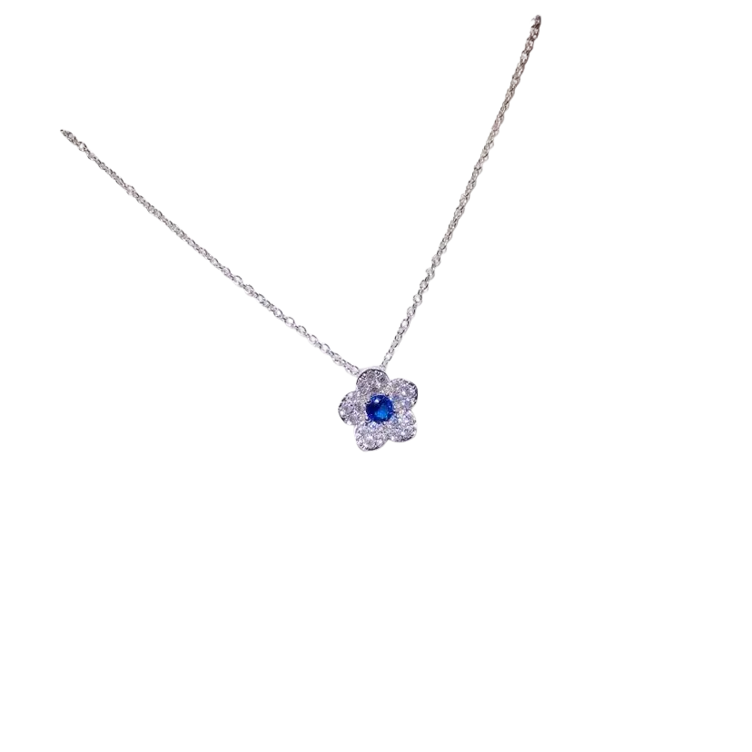 Delicate silver chain necklace pendants with flower-shaped created sapphire pendant and clear stones fine jewelry