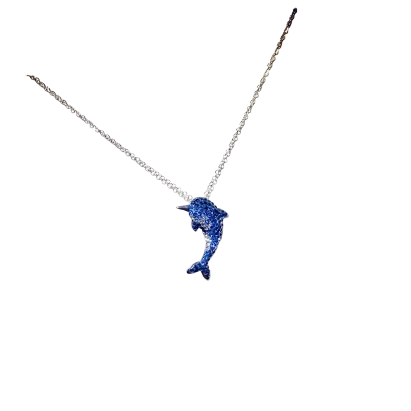 A sparkling blue dolphin created sapphire necklace pendant with rhinestones on a silver chain fine jewelry piece