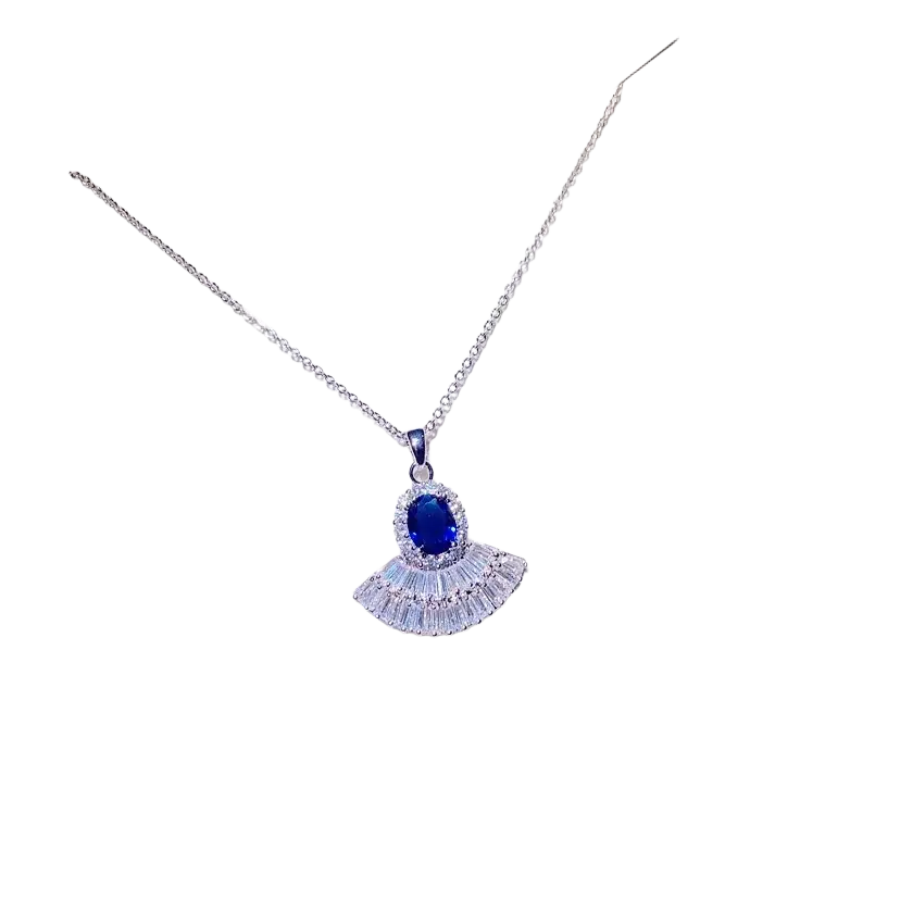 Silver necklace pendant with fan-shaped created sapphire center and clear crystals fine jewelry in blue tones