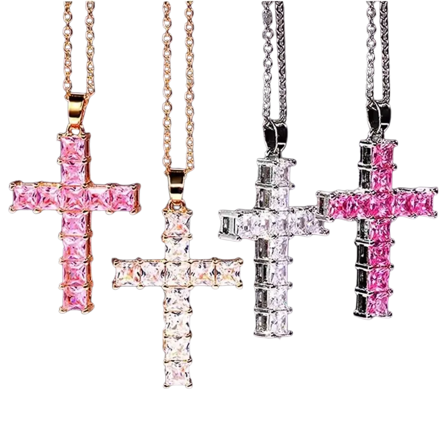 Four fashion necklaces female with gold crystal cross pendants featuring pink and clear rectangular gemstones