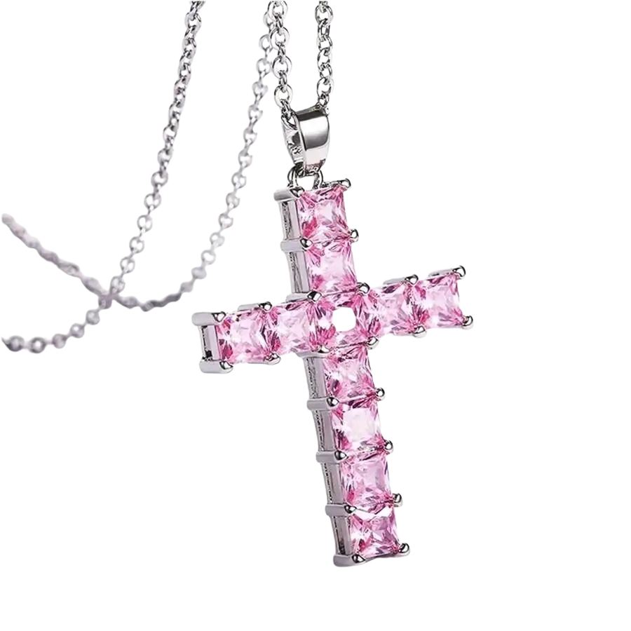A sparkling pink crystal cross pendant in gold tone on a silver chain for fashion necklaces female pendants