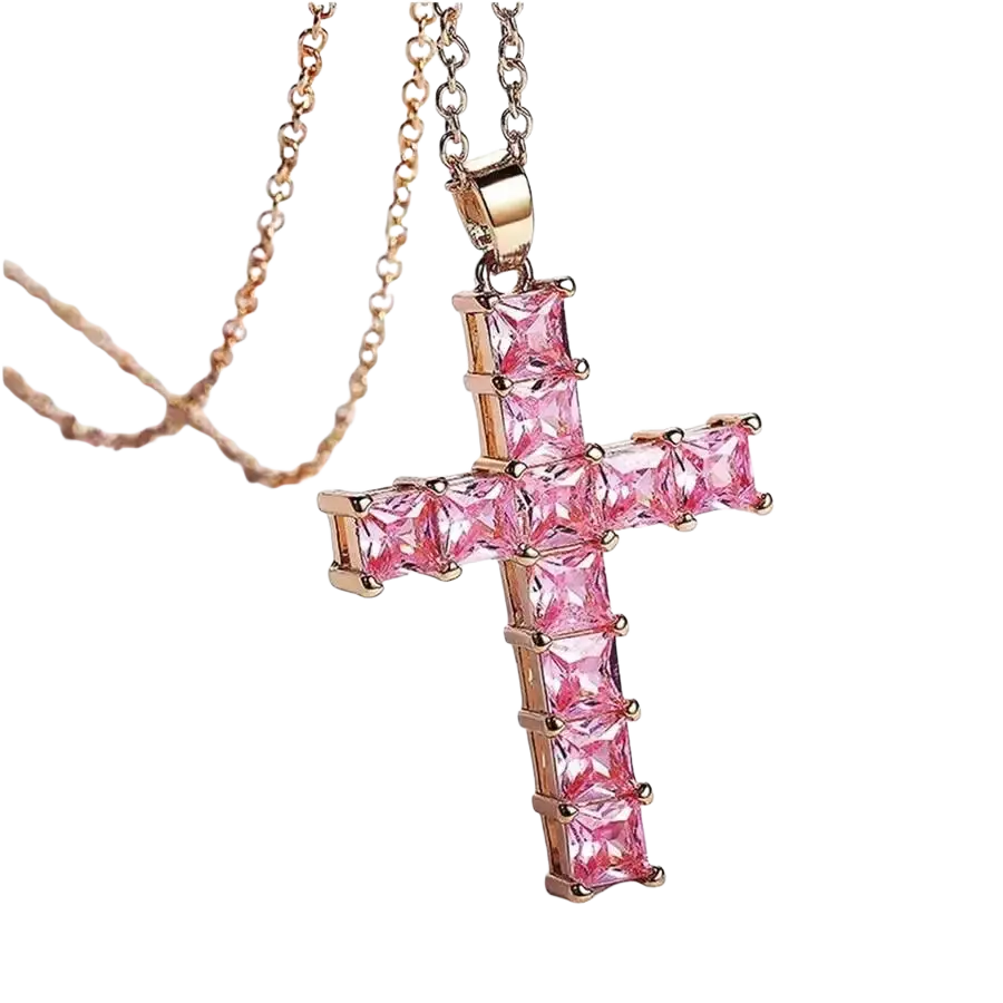 Rose gold cross pendant necklace with vibrant pink princess-cut stones in a modern design for female pendants gold