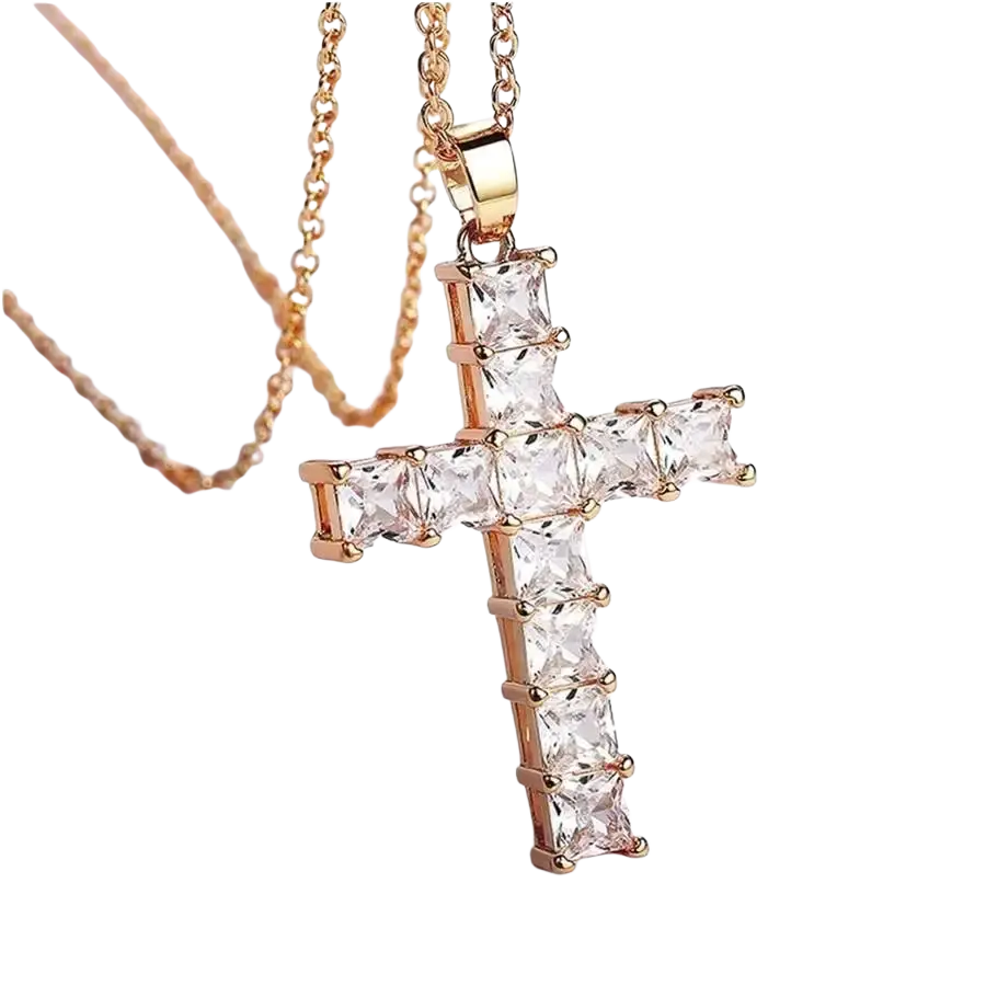 Rose gold female pendants gold cross necklace with clear rectangular-cut crystals, perfect fashion necklaces female