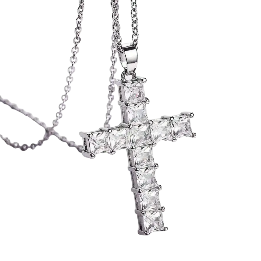 A sparkling silver cross pendant necklace with clear rectangular stones, perfect fashion necklaces female pendants gold