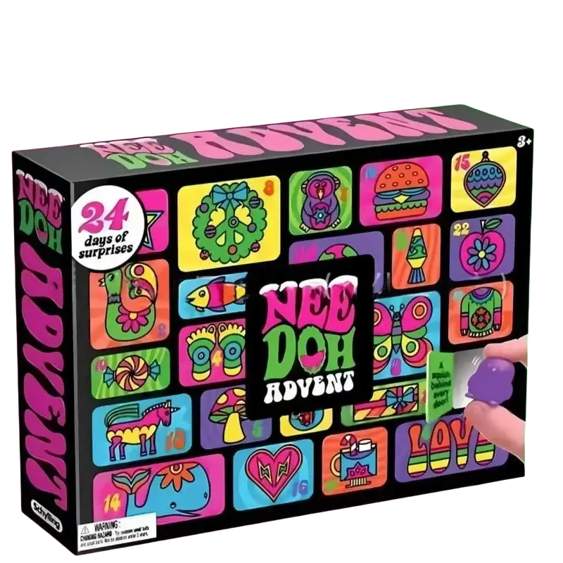 Vibrant colorful box of nee doh halloween advent calendar featuring 24 illustrated surprise doors with spooky squishy toys