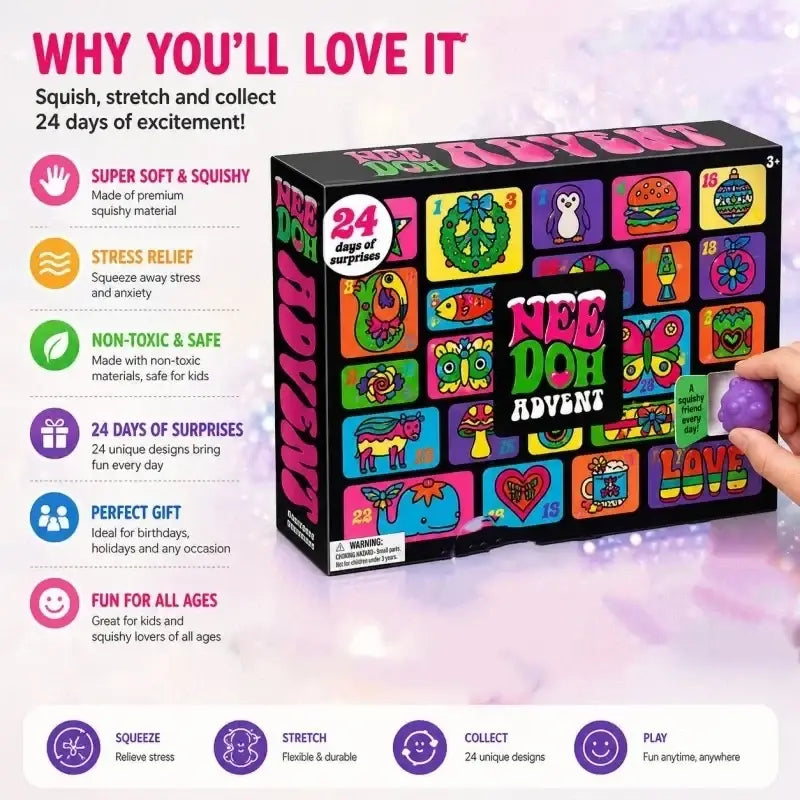 Nee doh halloween advent calendar featuring 24 colorful squishy surprise toys in playful animal and food designs