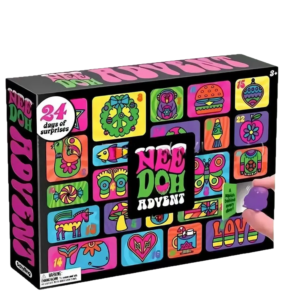 Nee doh halloween advent calendar vibrant pink and green box with 24 colorful cartoon surprise squishy toy slots