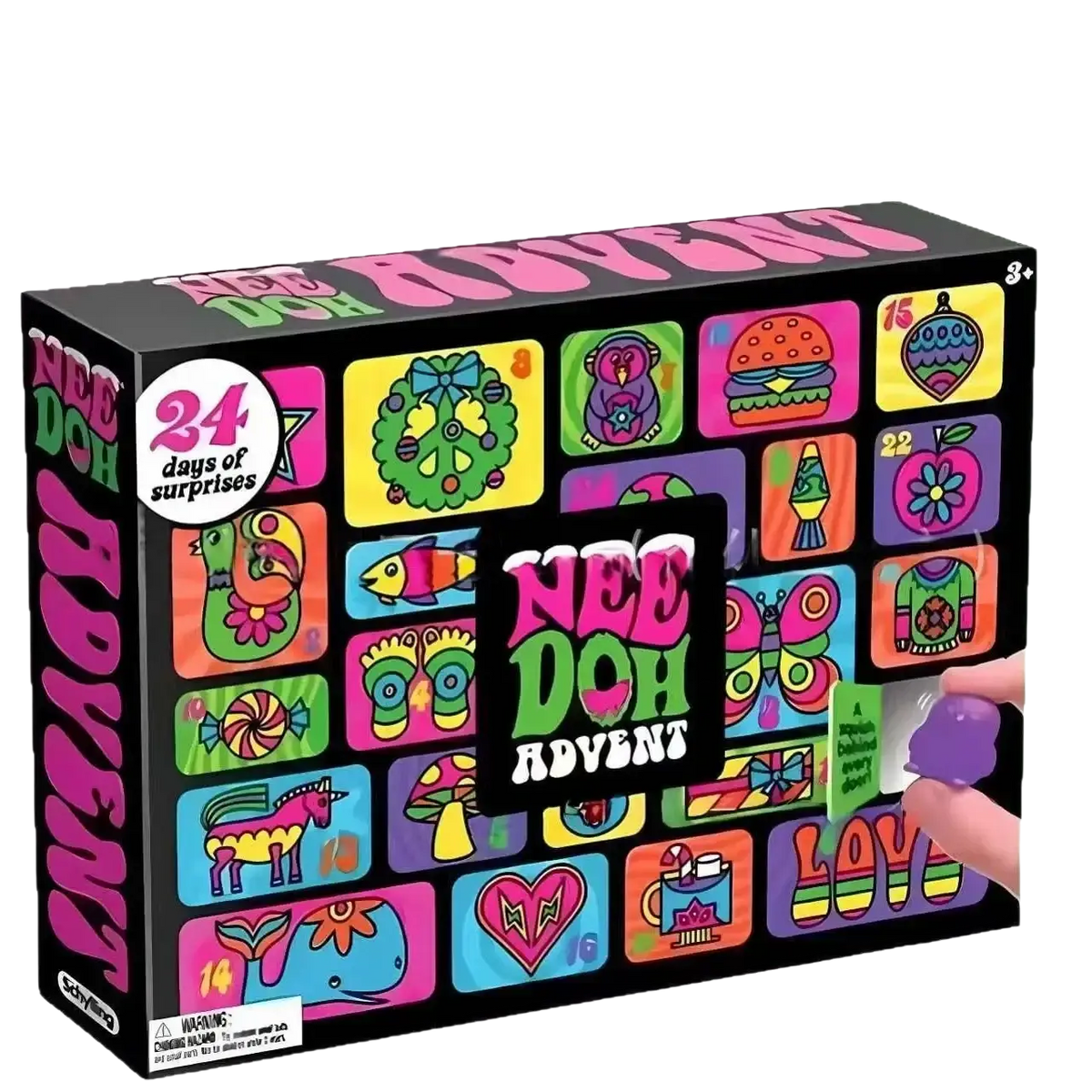 Nee doh halloween advent calendar vibrant pink and green box with 24 colorful cartoon surprise squishy toy slots