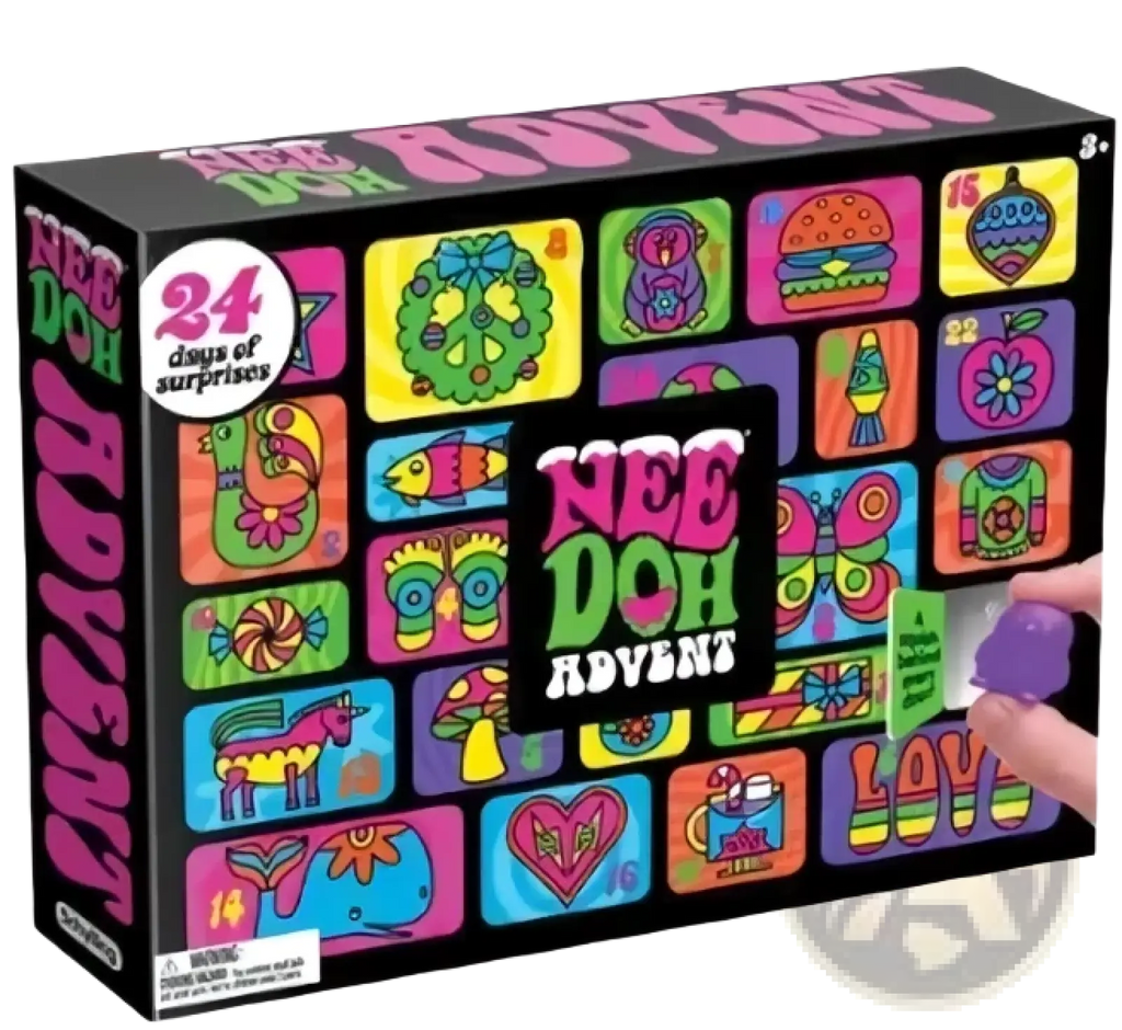 The needoh advent calendar 24day sensory toy set box features a colorful grid of 24 illustrated surprise items on its front