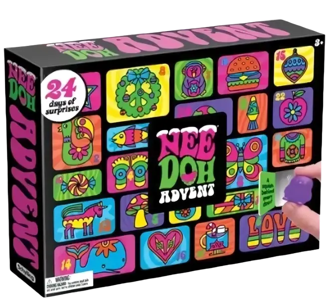 The needoh advent calendar 24day sensory toy set box features a colorful grid of 24 illustrated surprise items on its front