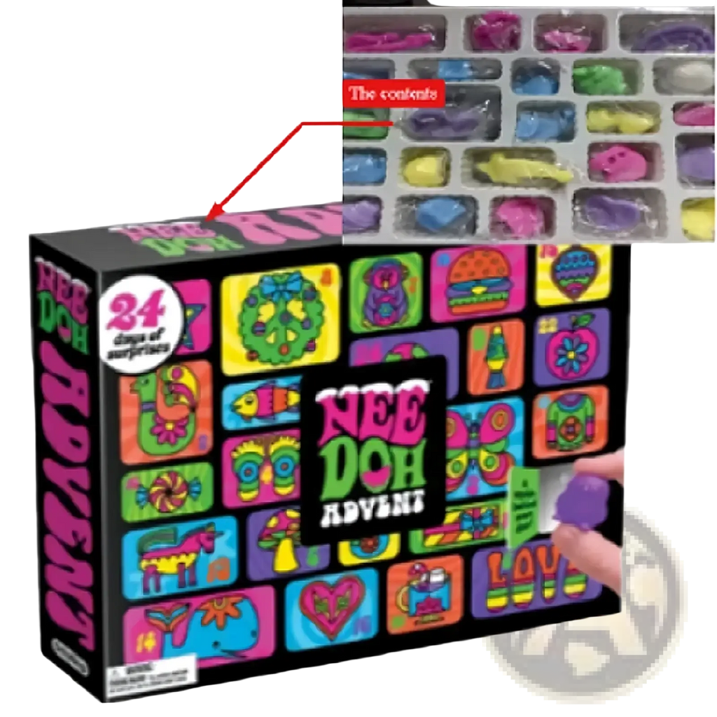 Black nee doh advent calendar box with 24 vibrant surprise icons and a hand pulling a purple nee doh figurine