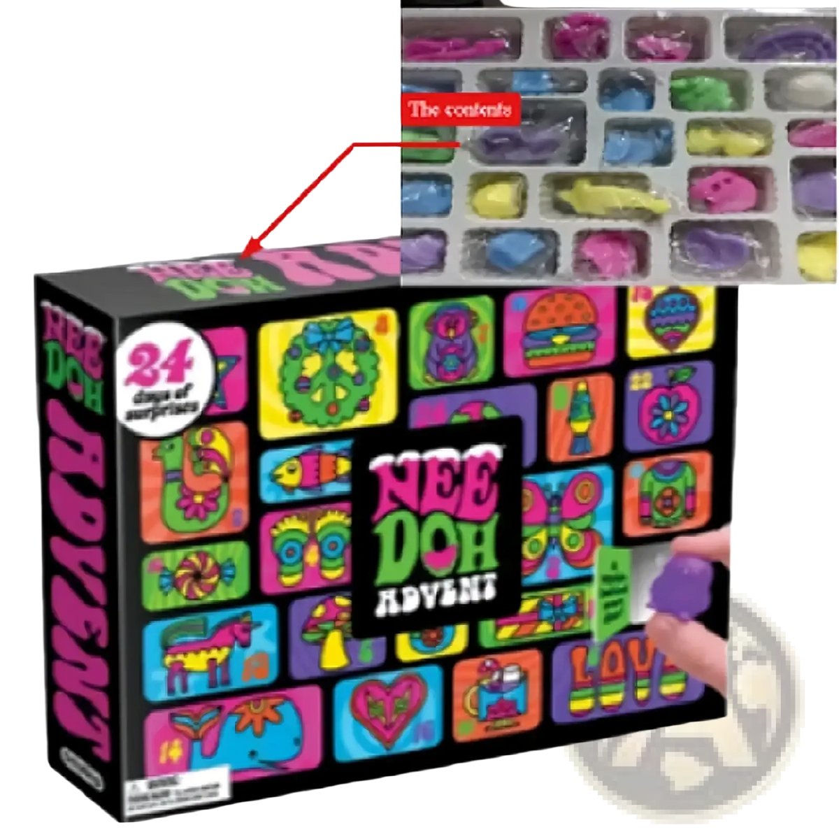Black nee doh advent calendar box with 24 vibrant surprise icons and a hand pulling a purple nee doh figurine
