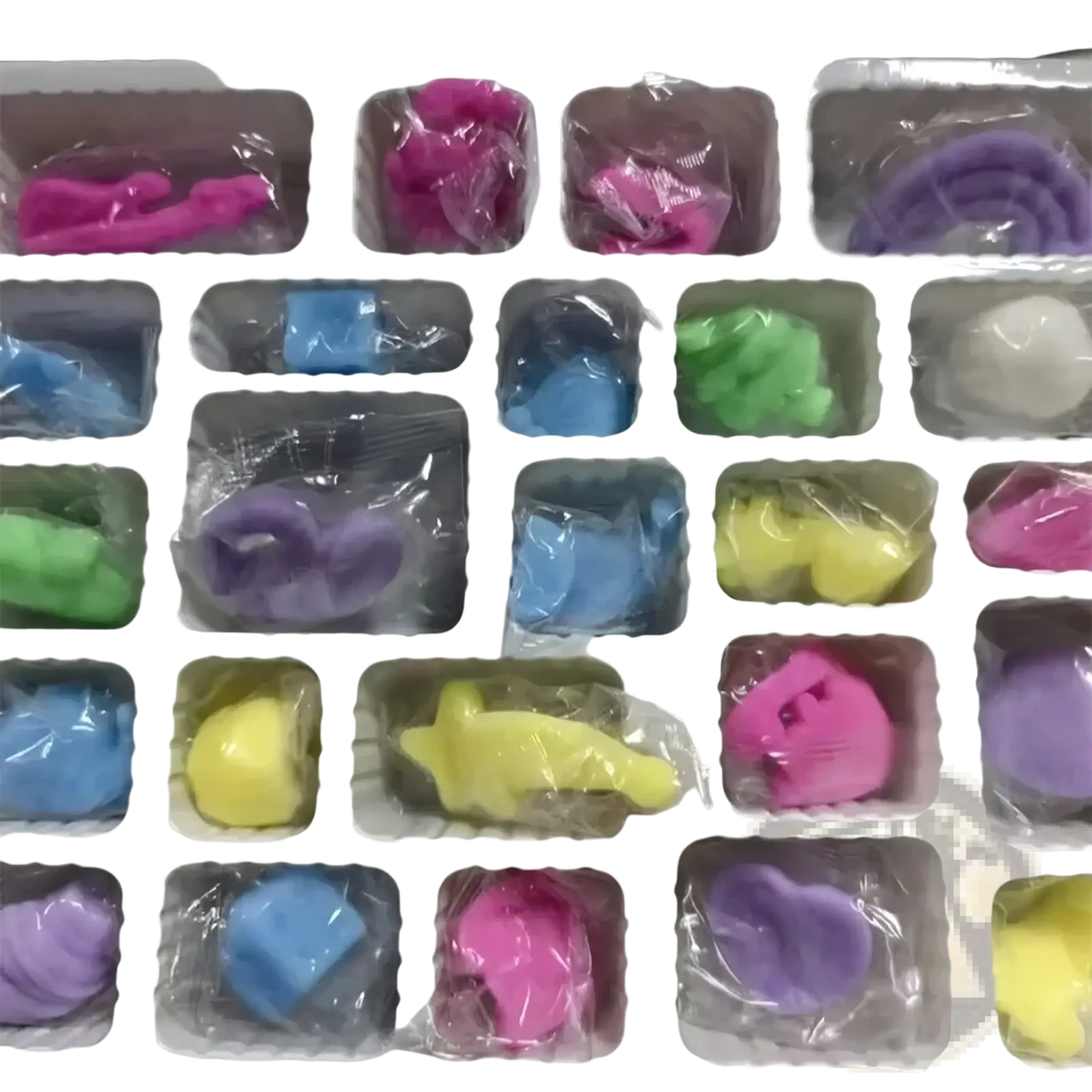 Colorful plastic animal-shaped erasers in clear bags included in the Needoh advent calendar 24-day sensory toy set