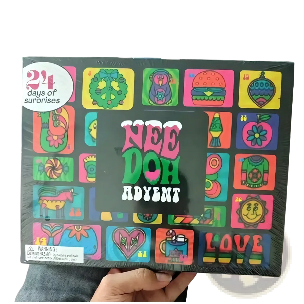 Needoh advent calendar 24-day sensory toy set in colorful retro box with vibrant cartoon icons and bold pink and green lettering