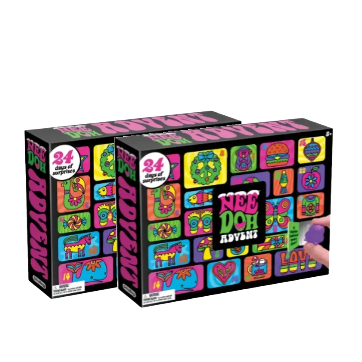 Two black Needoh advent calendar boxes with colorful cartoon grids labeled 24 days of surprises sensory toy set