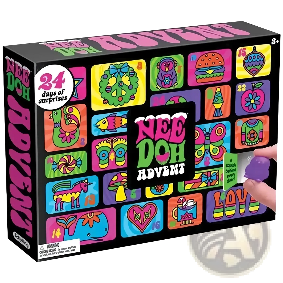 Vibrant black needoh advent calendar featuring a colorful grid of 24 illustrated surprise pockets sensory toy set