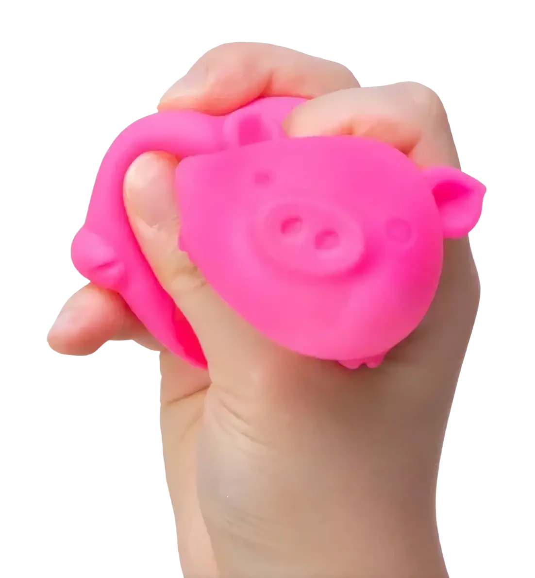 A bright pink silicone needoh digging pig sensory fidget toy designed as a squishy stress reliever