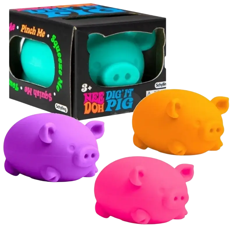Brightly colored purple pink and orange squishy needoh digging pig sensory fidget toy stress relievers