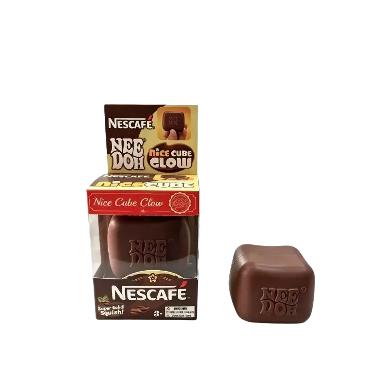 A chocolate-colored square nee doh nice cube glow sensory fidget toy with embossed Needoh branding