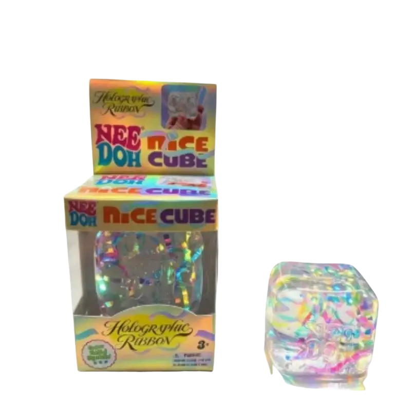 Needoh maltose ice cube sensory fidget toy with holographic rainbow colors and iridescent swirling patterns inside a transparent cube