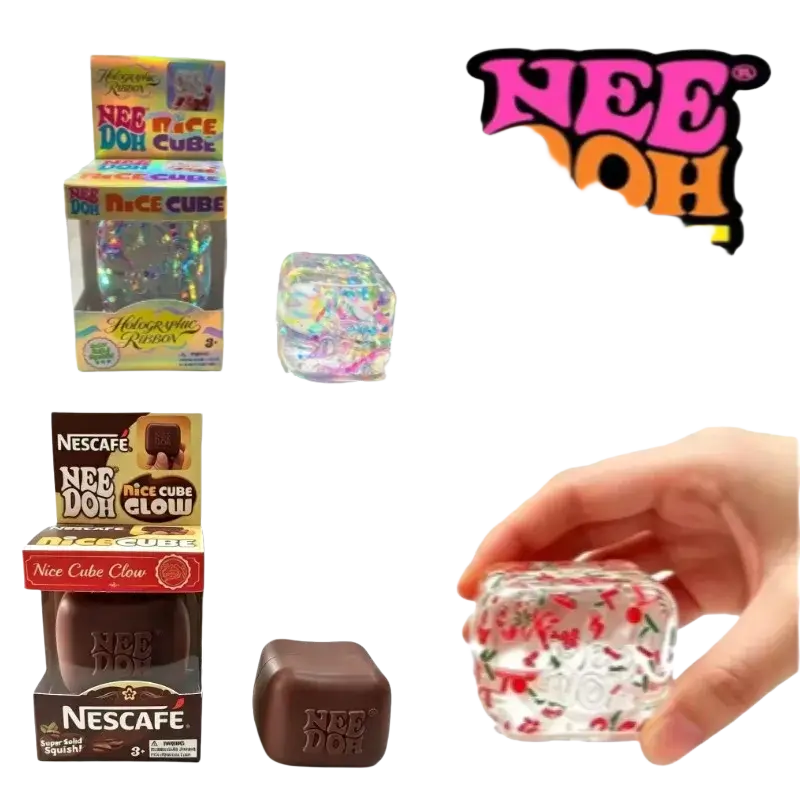 A transparent iridescent Needoh maltose ice cube sensory fidget toy with holographic ribbon design and colorful speckles