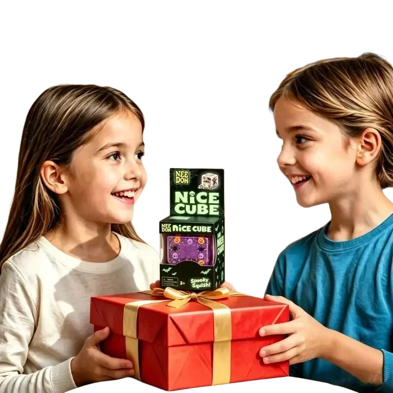 Needoh squishy sensory fidget toy halloween cube in black packaging with green purple accents and halloween designs