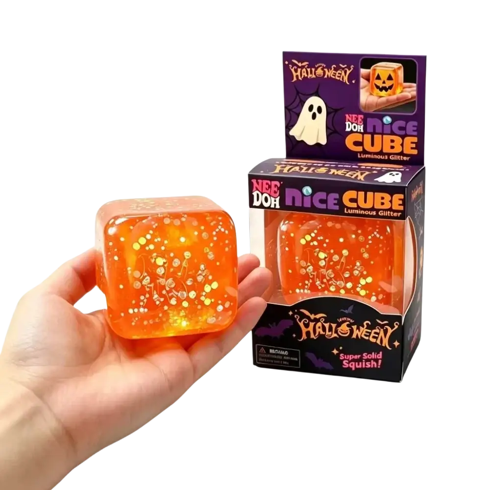 Needoh squishy sensory halloween cube is an orange translucent sensory fidget toy with glitter and glowing elements