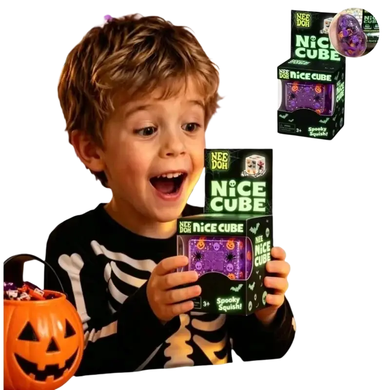 Purple needoh squishy sensory halloween cube toy with bats and pumpkins design for sensory fidget use