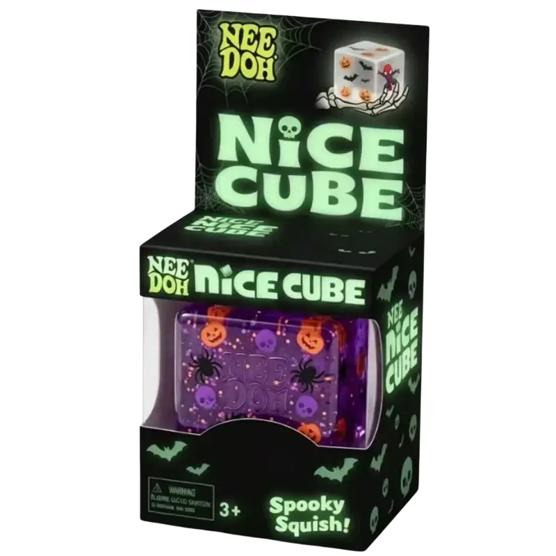 Needoh squishy sensory halloween cube with purple color, orange pumpkins, black spiders, and purple skulls on glittery surface