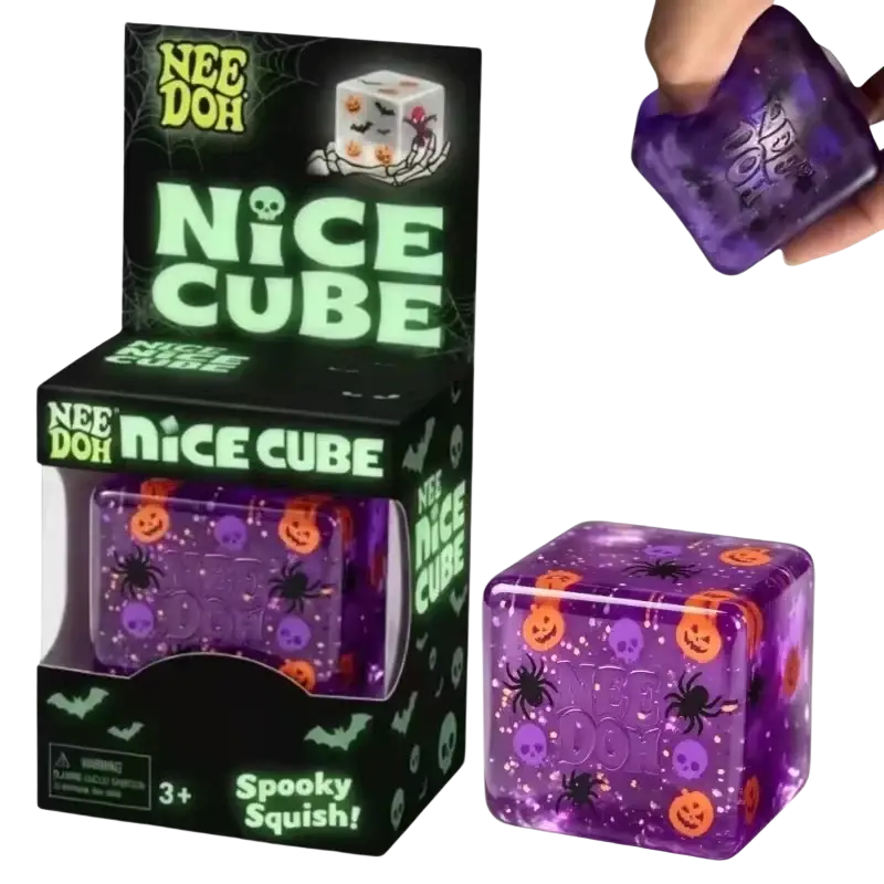 Purple needoh squishy sensory fidget cube with translucent halloween design including jack-o-lanterns spiders and skulls