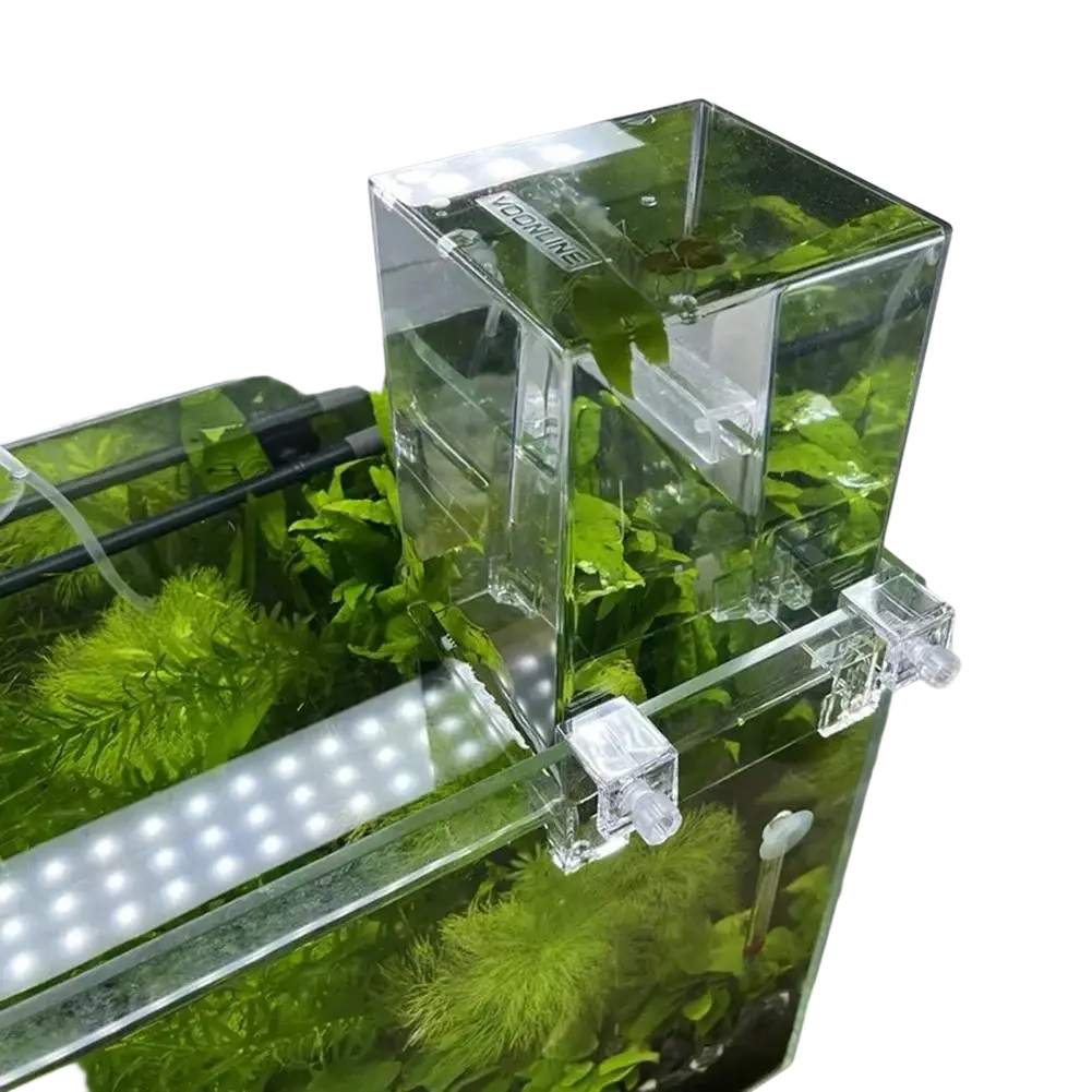 Clear acrylic negative pressure fish tank aerial aquarium extender with transparent housing and visible internal components
