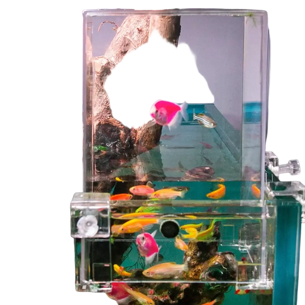 Clear acrylic fish tank with transparent sides and internal divider housing colorful tropical fish for negative pressure aerial aquarium extender