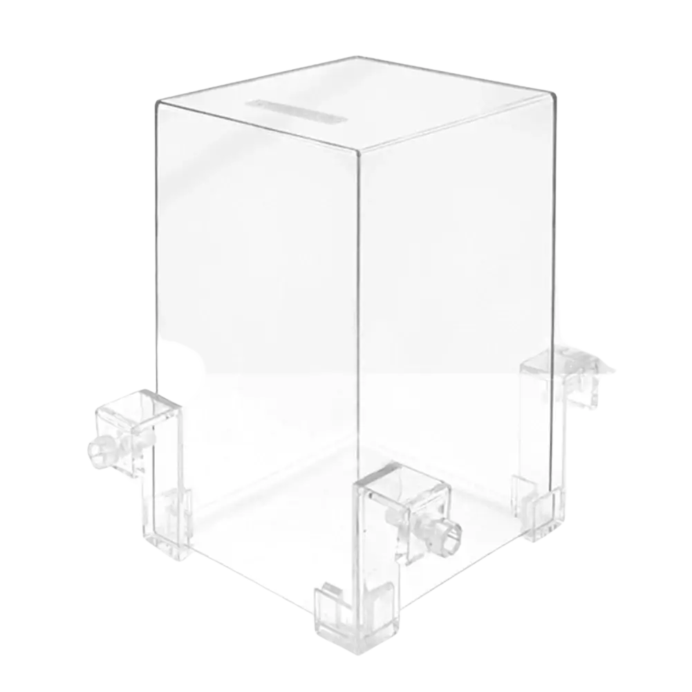 Clear acrylic donation box with top slot and corner clamps designed for negative pressure fish tank aerial aquarium extender