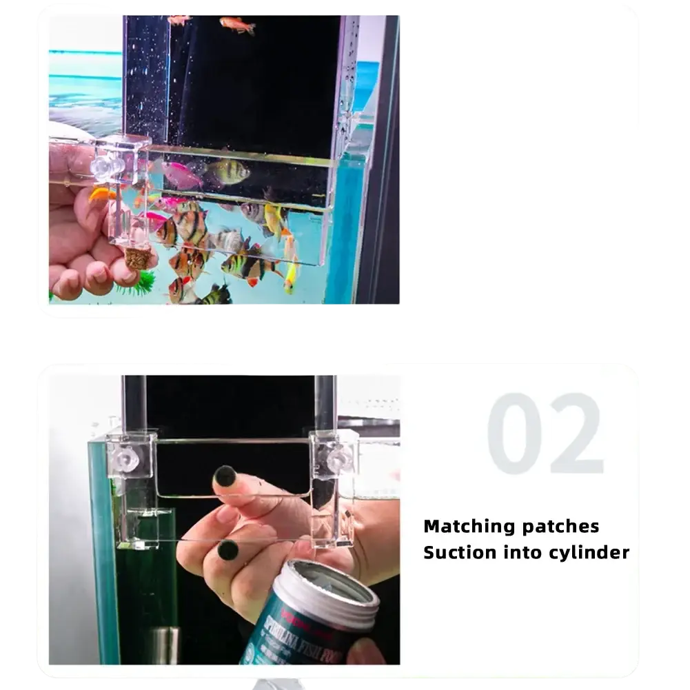 Clear plastic fish tank feeder with transparent compartments and adjustable suction cups for negative pressure aerial aquarium extender