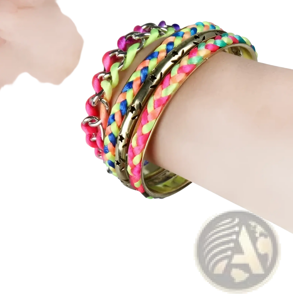A stack of neon pink lime green and blue braided cord bracelets with a gold-toned metal bangle featuring star cutouts