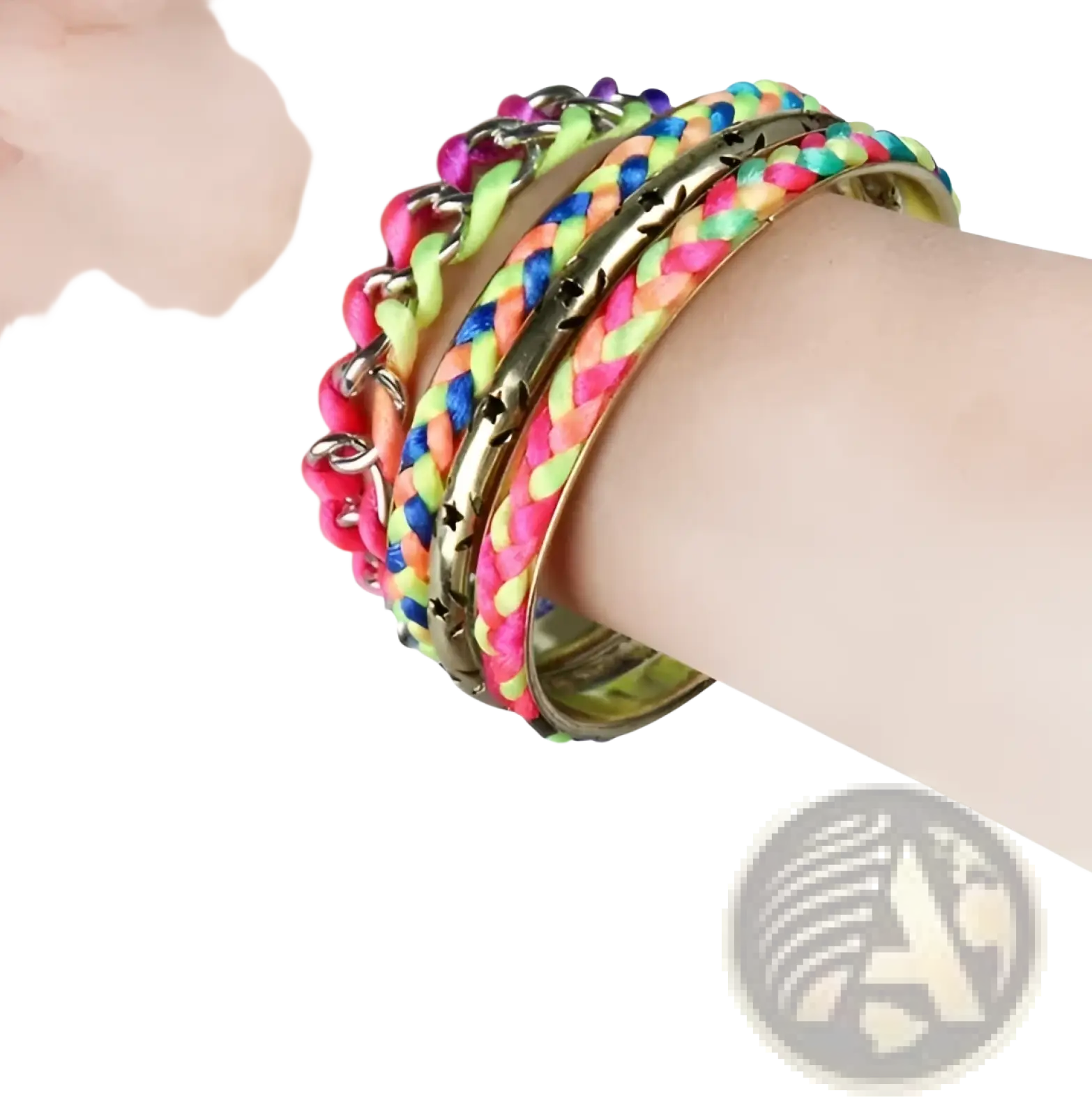 A stack of neon pink lime green and blue braided cord bracelets with a gold-toned metal bangle featuring star cutouts