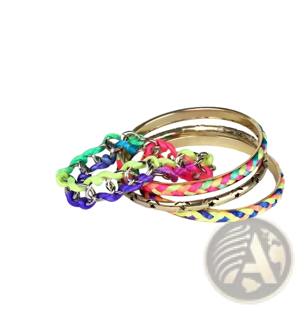 Neon braided gold bangle bracelet set with colorful neon hues metallic chain accents and star details