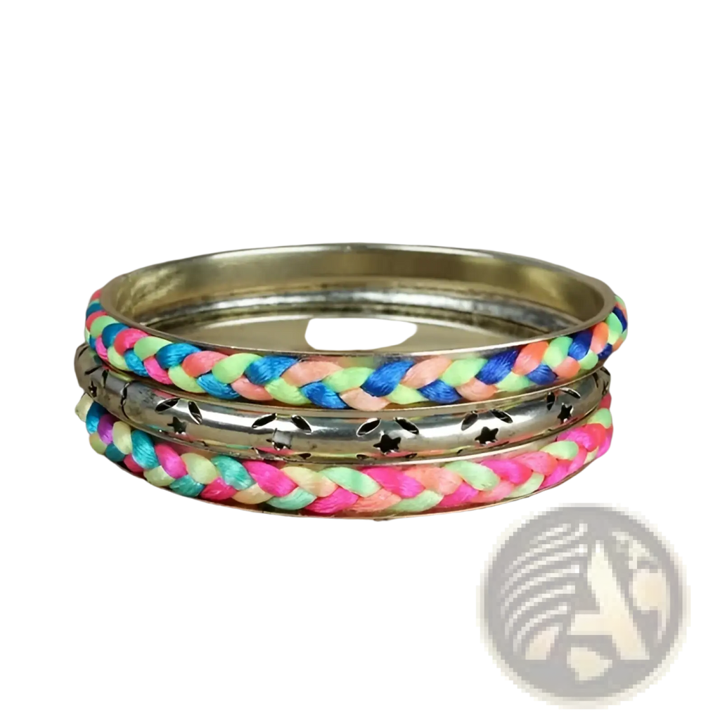 Stacked neon braided gold bangle bracelet set featuring vibrant multicolored cords and silver star cutout accents
