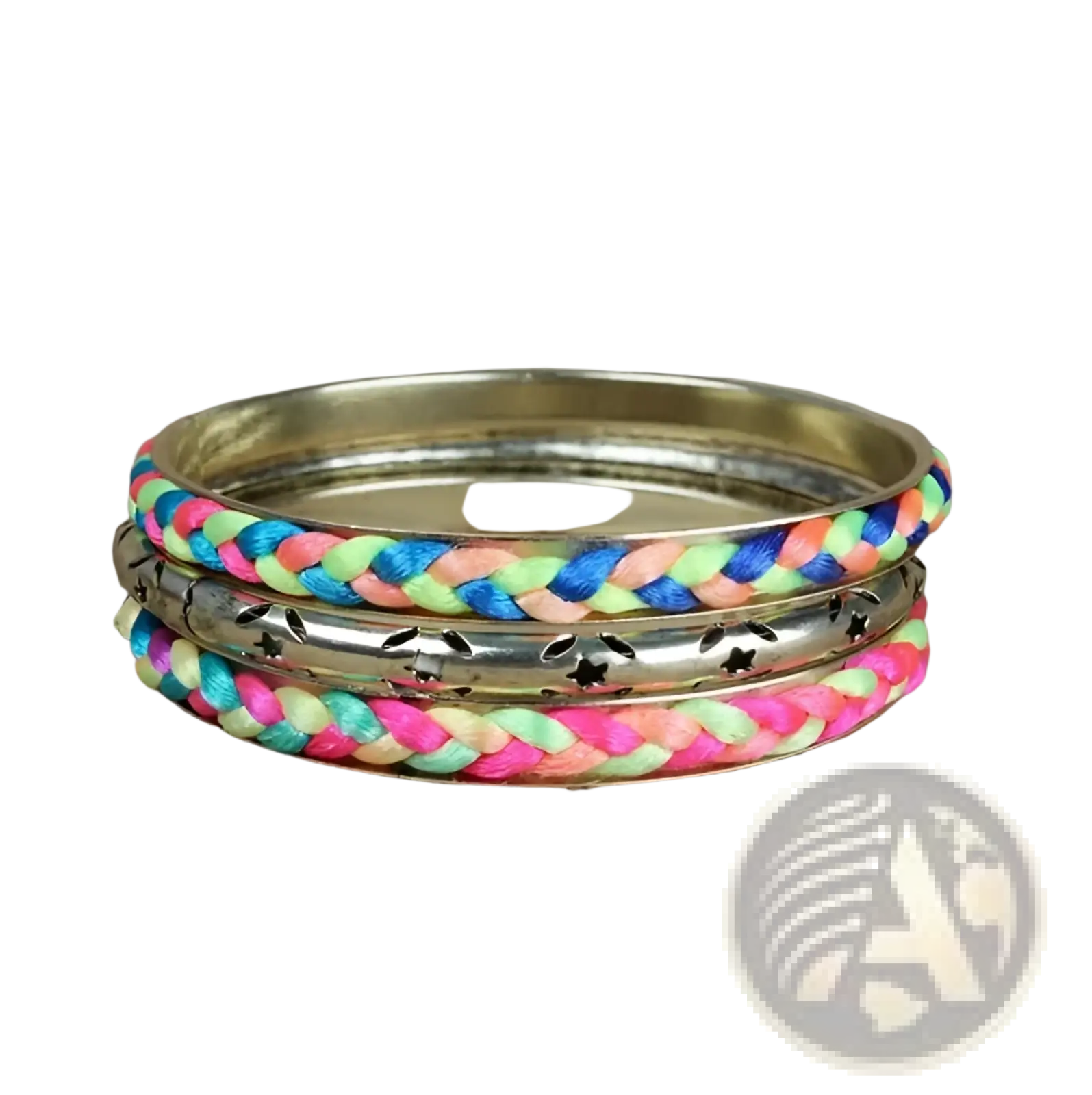 Stacked neon braided gold bangle bracelet set featuring vibrant multicolored cords and silver star cutout accents
