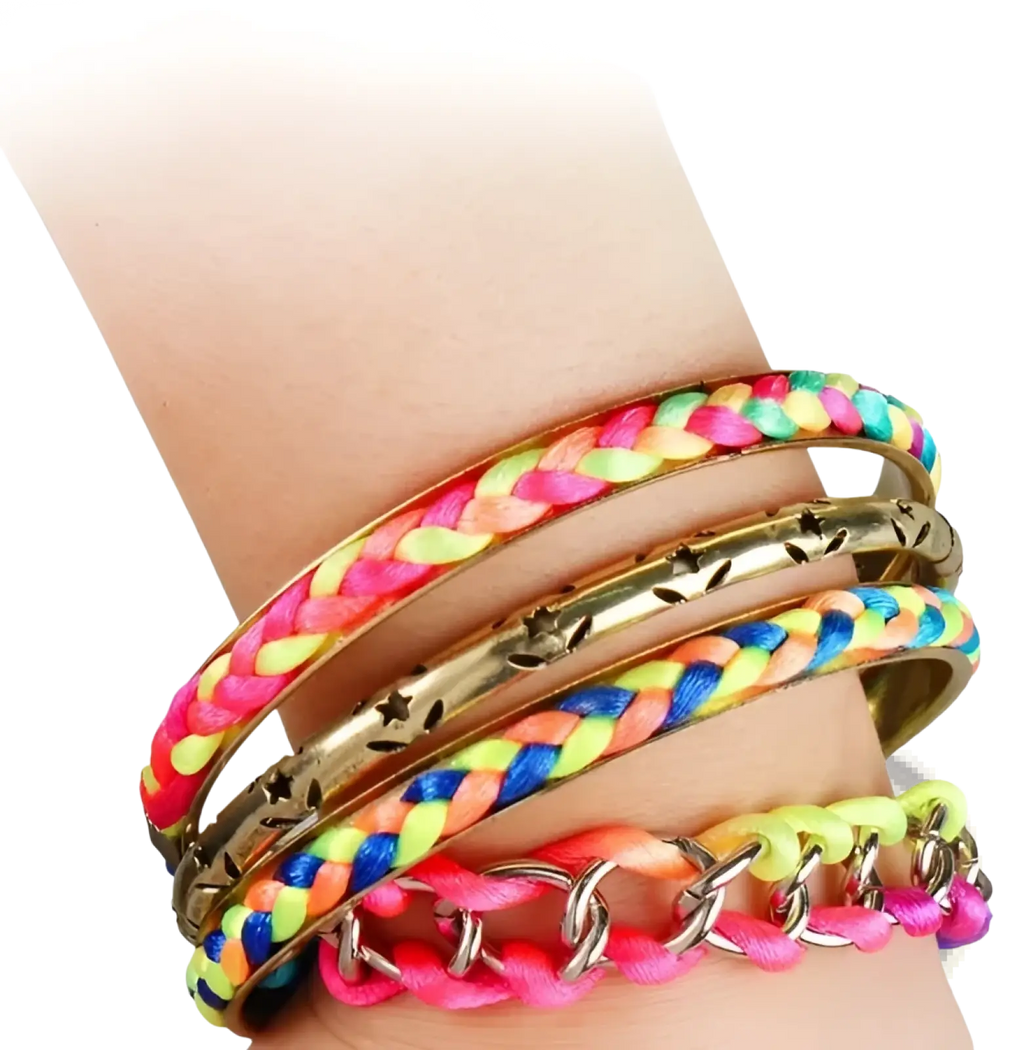 Neon braided gold bangle bracelet set featuring vibrant pink yellow and blue threads with star accents
