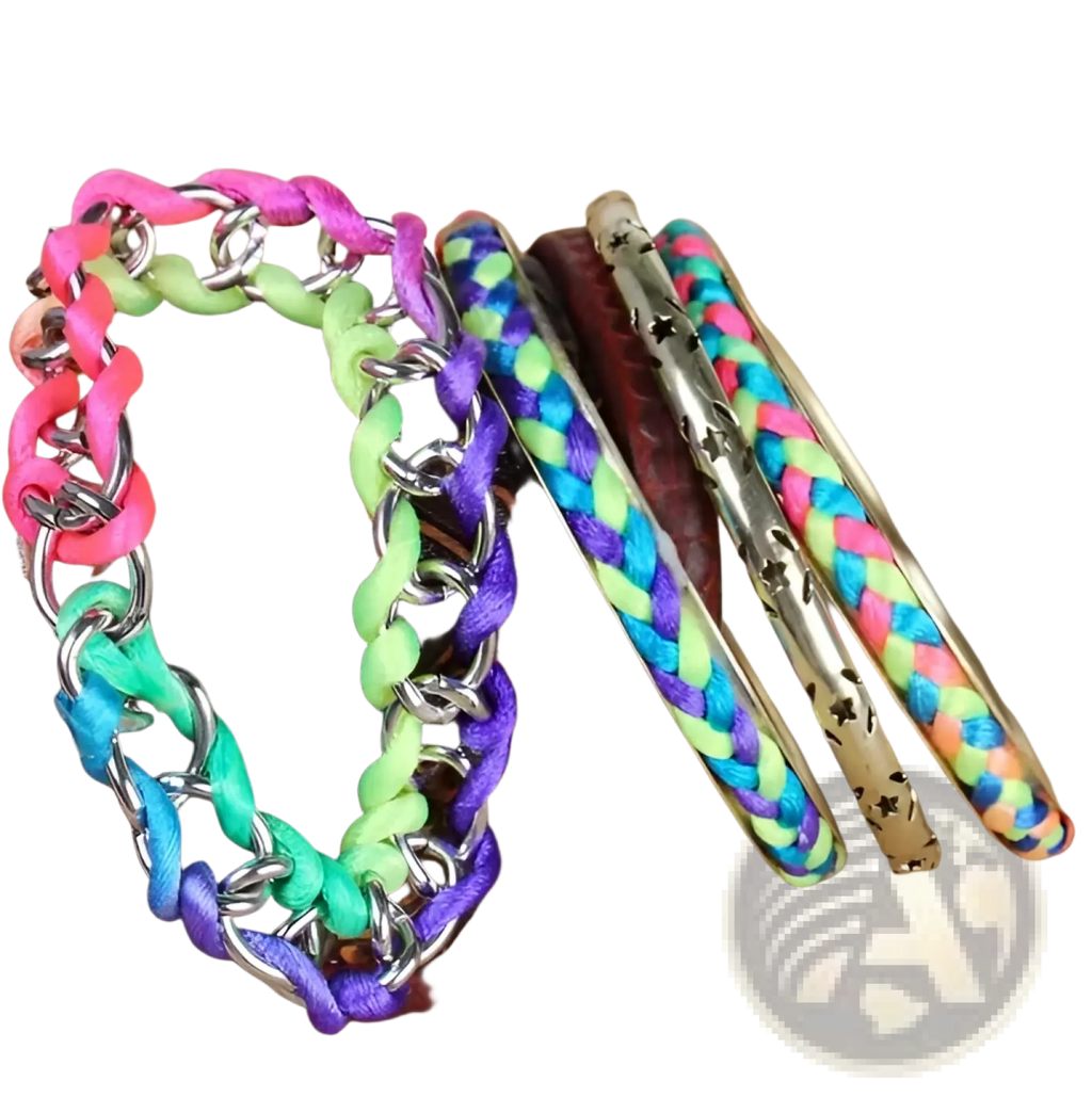 Neon braided gold bangle bracelet set with metallic chain links star accents and vibrant woven neon hues