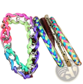 Neon braided gold bangle bracelet set with metallic chain links star accents and vibrant woven neon hues