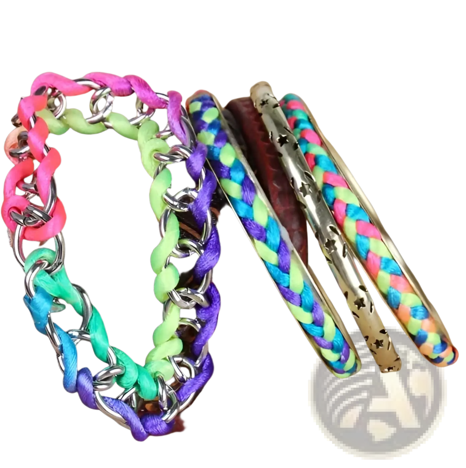 Neon braided gold bangle bracelet set with metallic chain links star accents and vibrant woven neon hues
