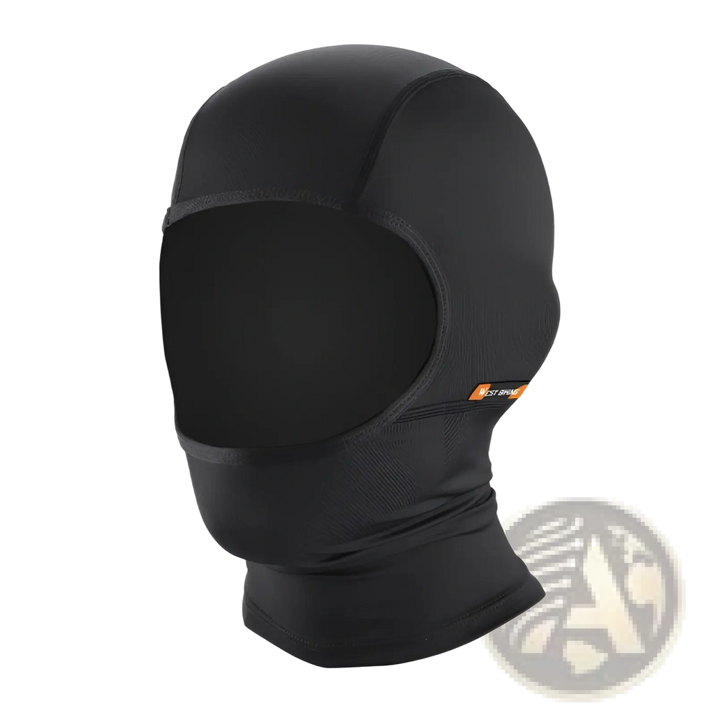 Black balaclava with a snug fit and orange logo designed for neon green cycling balaclava sun protection mask use