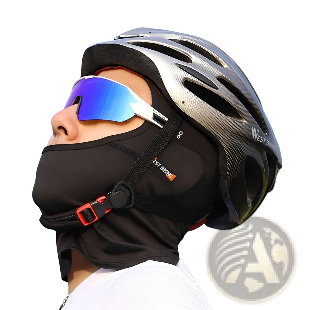 Black fabric face mask with red buckle and adjustable straps worn under silver helmet for neon green cycling balaclava sun protection