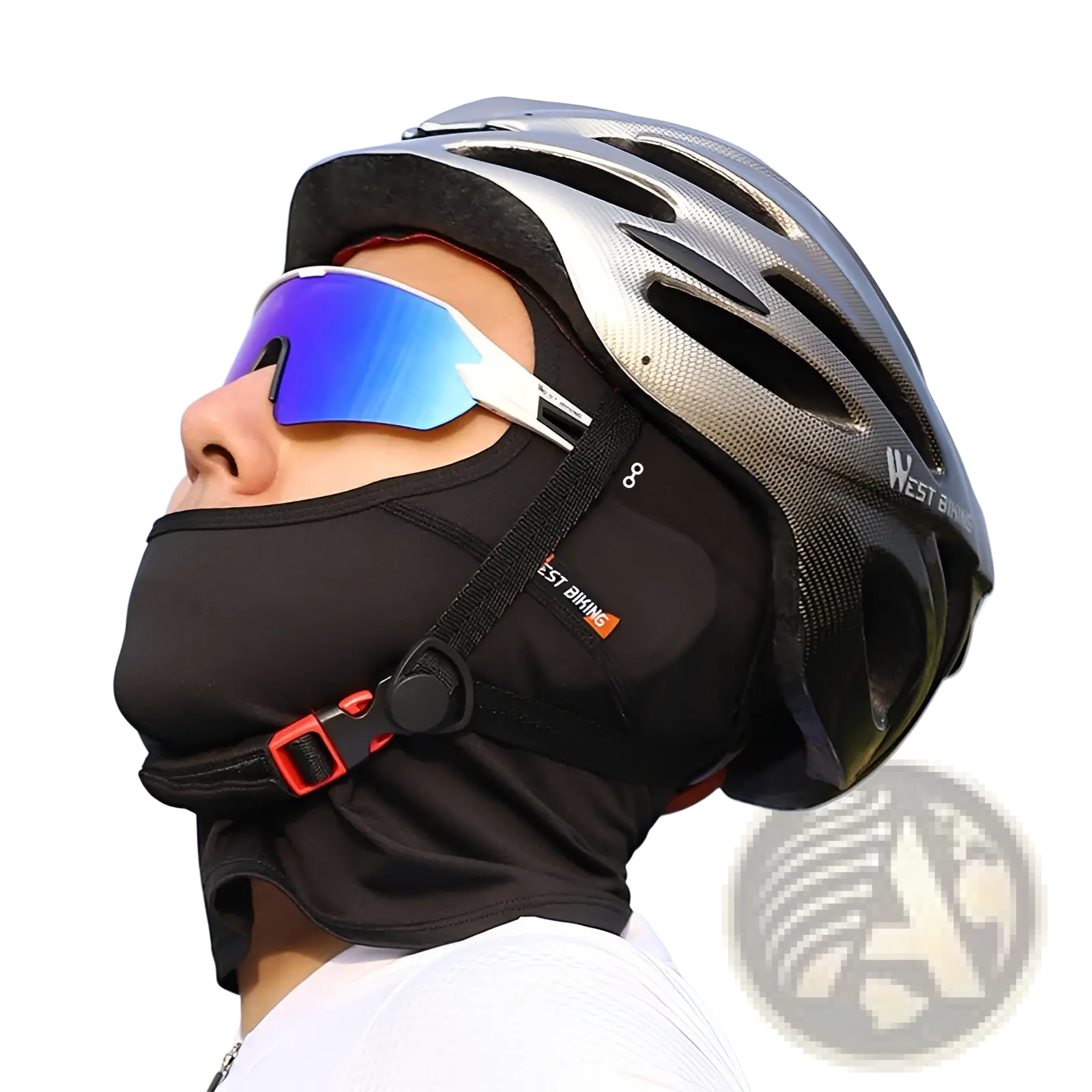 Black fabric face mask with red buckle and adjustable straps worn under silver helmet for neon green cycling balaclava sun protection