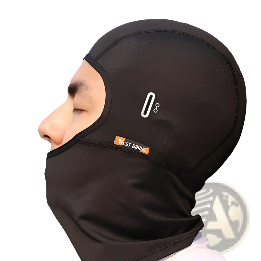 Neon green cycling balaclava sun protection mask with sleek black west biking motorcycle design and subtle white forehead logo